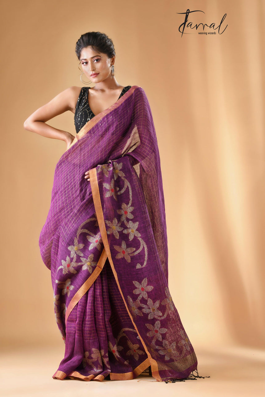 Deep magenta linen checks handloom jamdani saree - Tamal Boutique