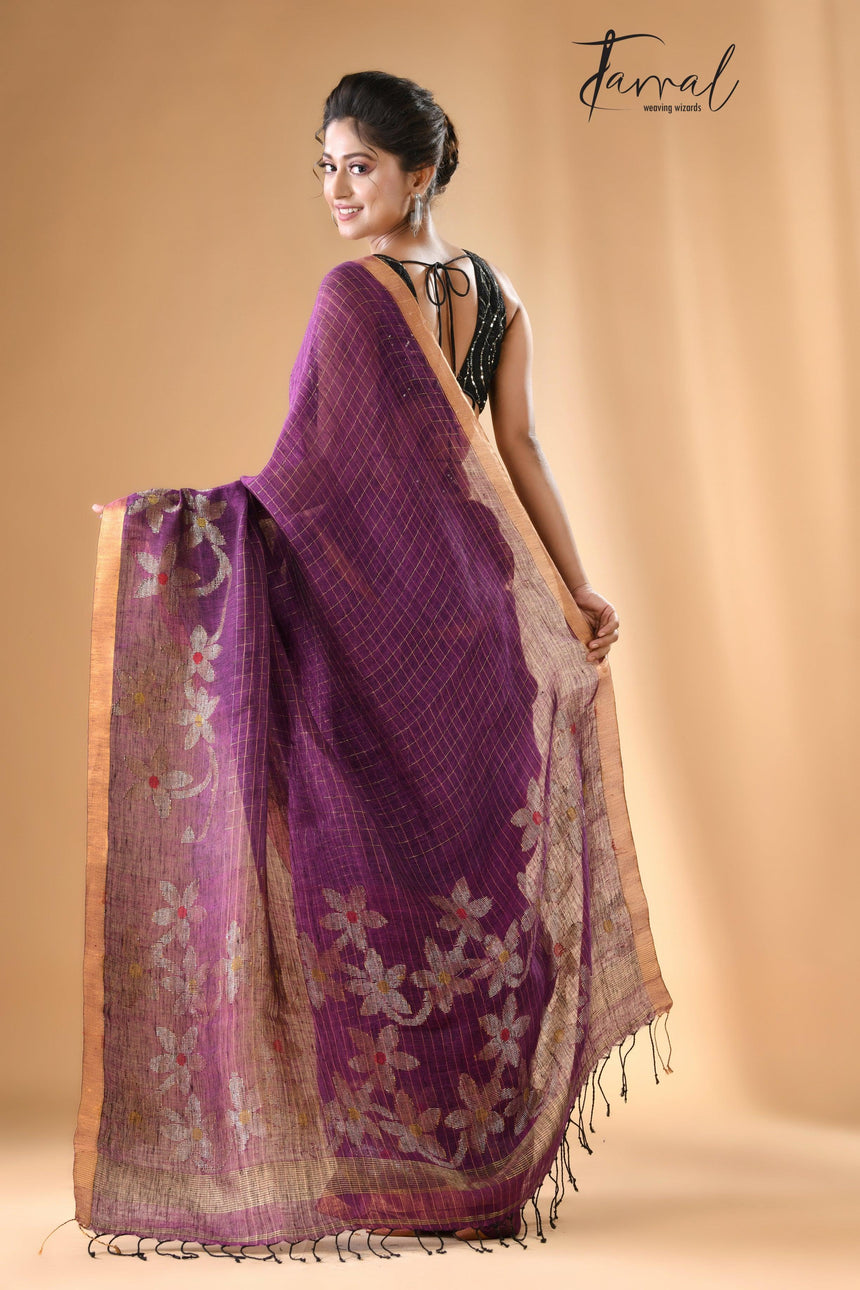 Deep magenta linen checks handloom jamdani saree - Tamal Boutique