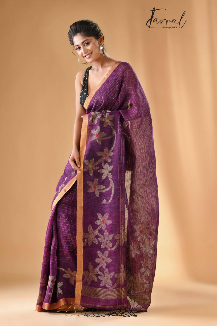 Deep magenta linen checks handloom jamdani saree - Tamal Boutique