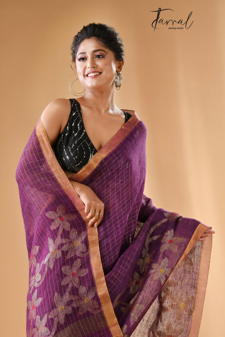 Deep magenta linen checks handloom jamdani saree - Tamal Boutique