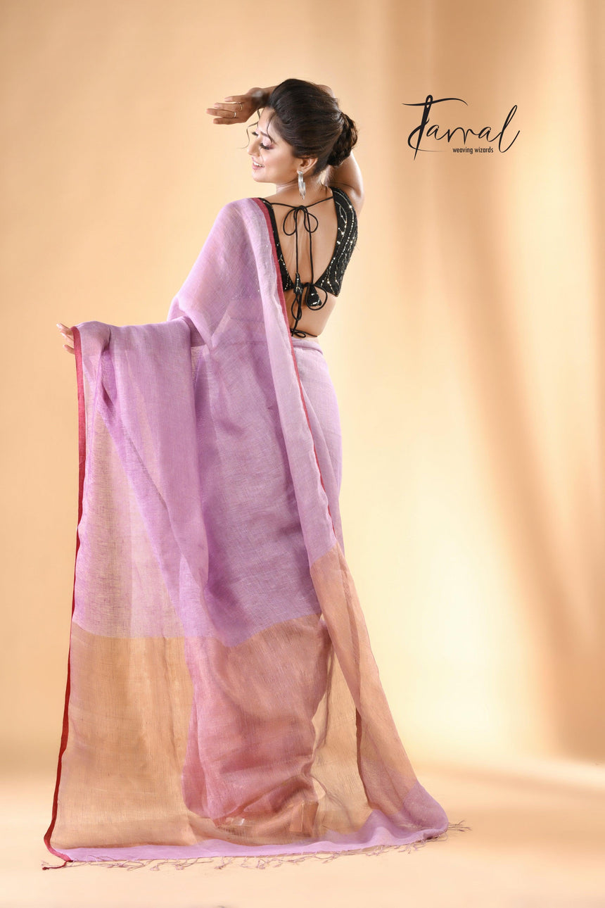 Lavender dhala zari linen handloom saree - Tamal Boutique