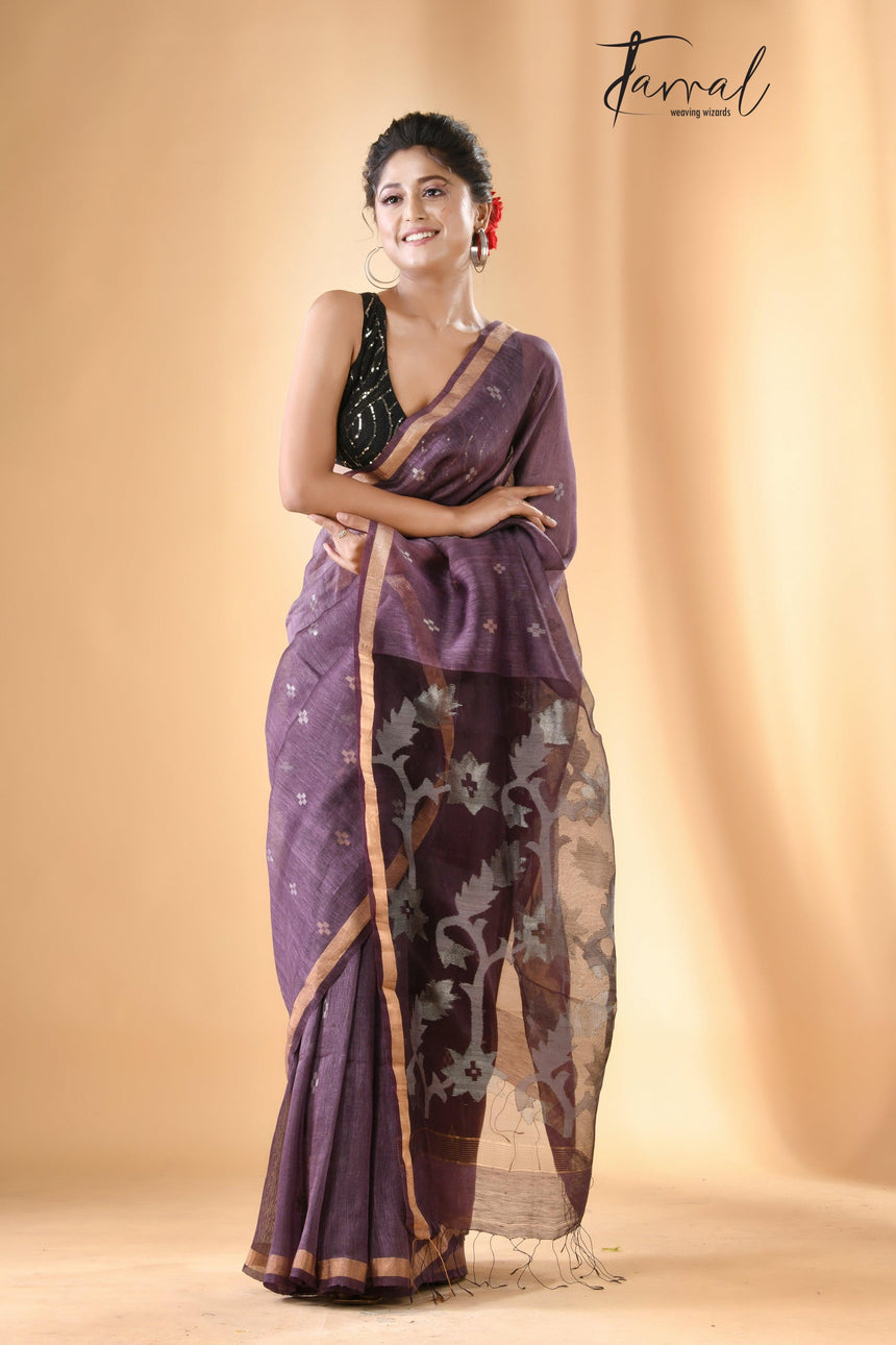 Chocolate Brown With zari border lata pallu silk linen handwoven jamdani saree - Tamal Boutique