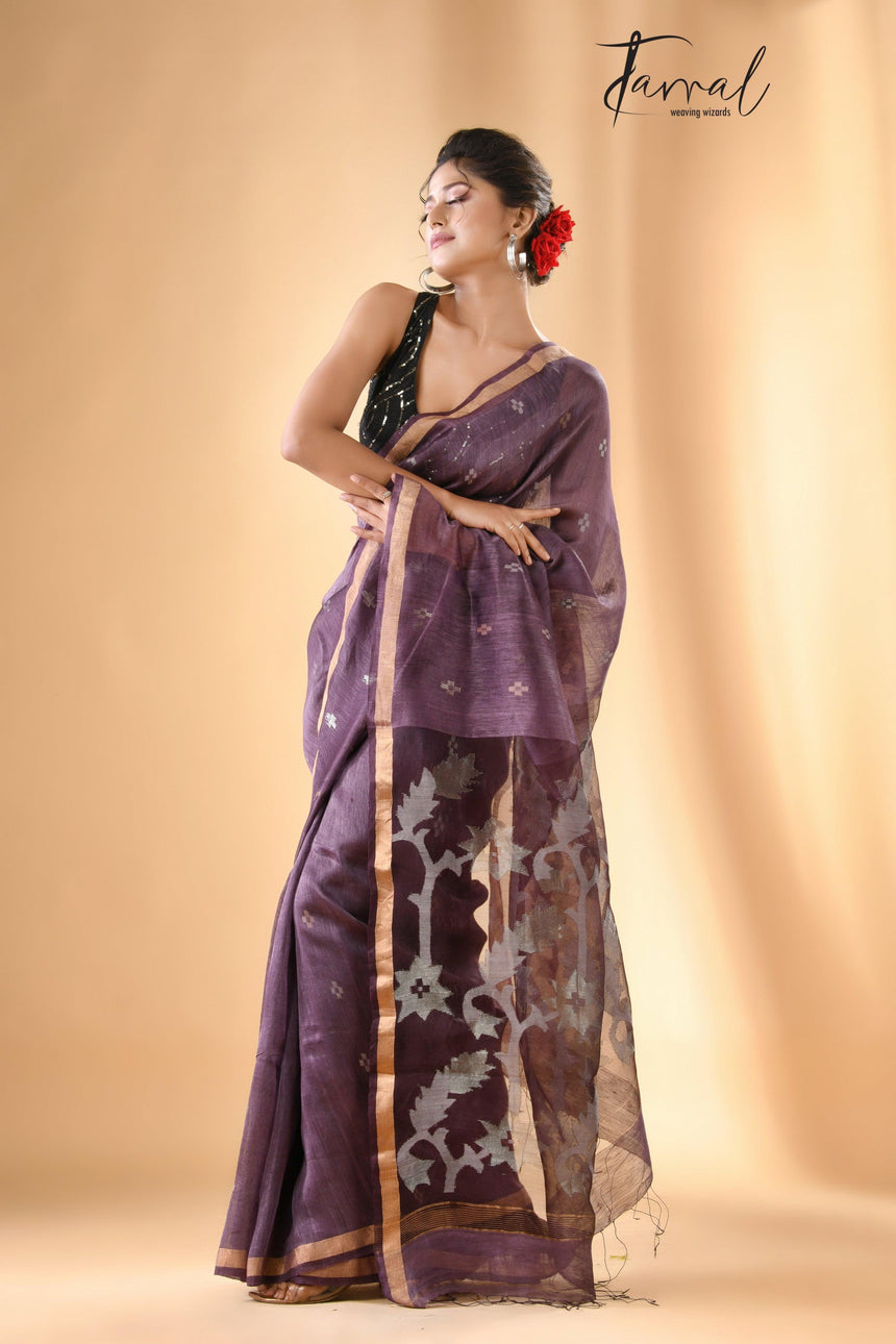 Chocolate Brown With zari border lata pallu silk linen handwoven jamdani saree - Tamal Boutique