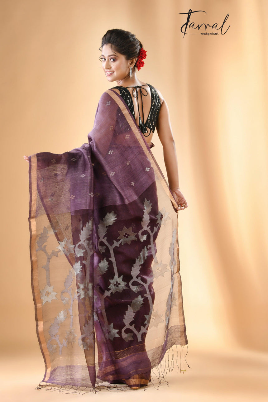 Chocolate Brown With zari border lata pallu silk linen handwoven jamdani saree - Tamal Boutique