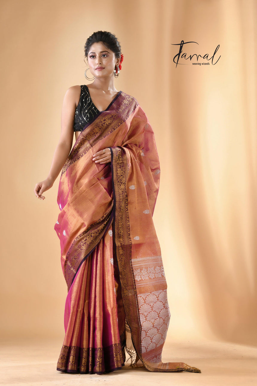 Golden with rani and black border tissue handloom Banarasi saree - Tamal Boutique