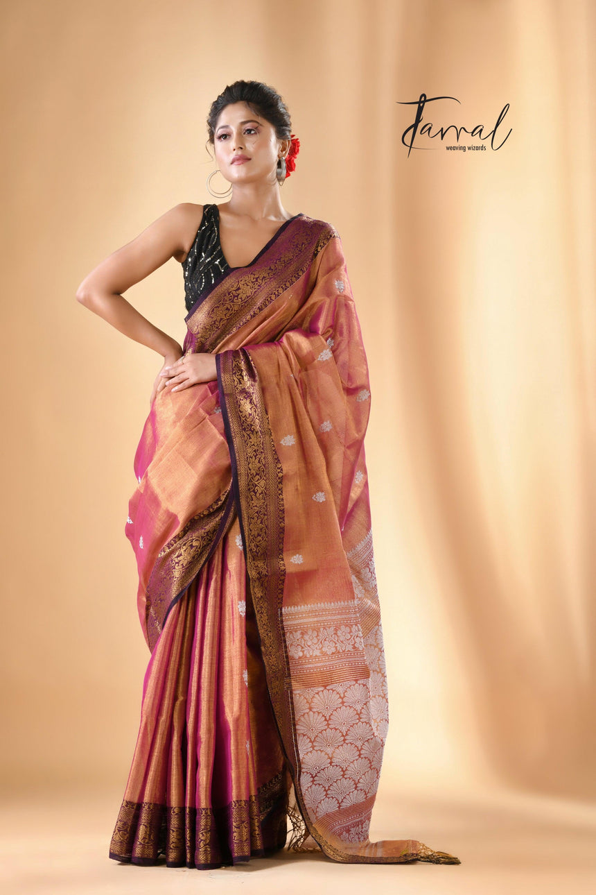 Golden with rani and black border tissue handloom Banarasi saree - Tamal Boutique