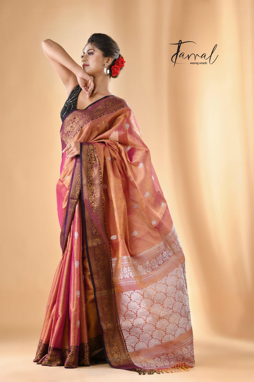 Golden with rani and black border tissue handloom Banarasi saree - Tamal Boutique