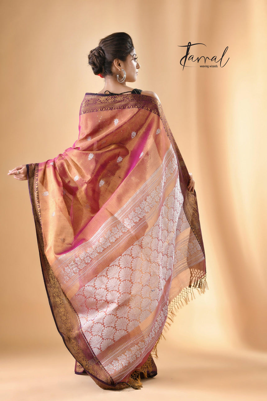 Golden with rani and black border tissue handloom Banarasi saree - Tamal Boutique