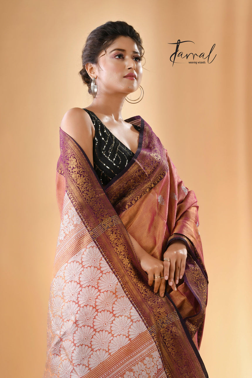 Golden with rani and black border tissue handloom Banarasi saree - Tamal Boutique