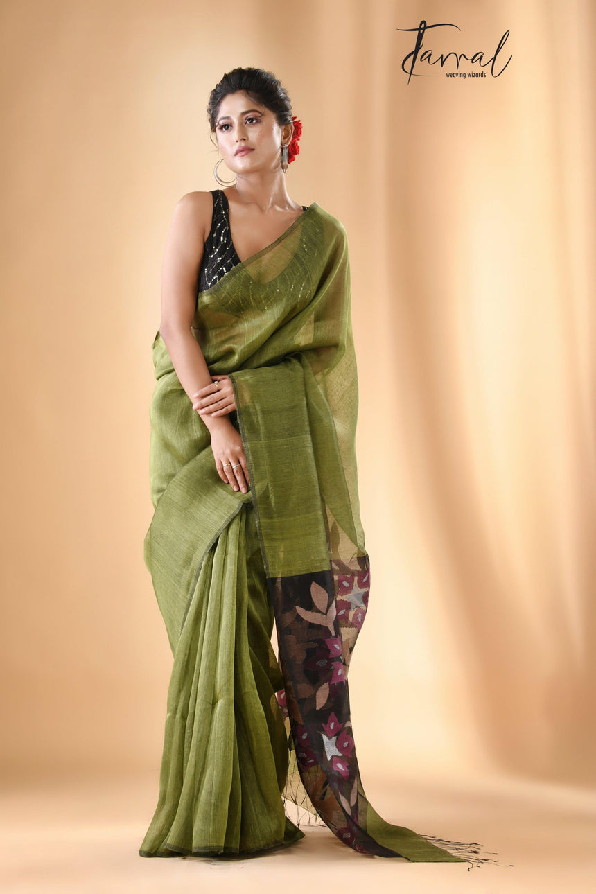 Mehendi green with handwoven floral jamdani pallu silk linen saree - Tamal Boutique