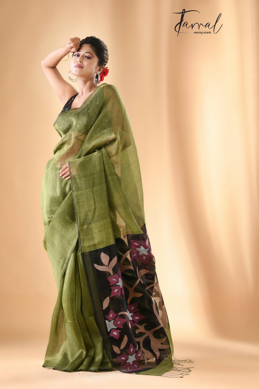 Mehendi green with handwoven floral jamdani pallu silk linen saree - Tamal Boutique