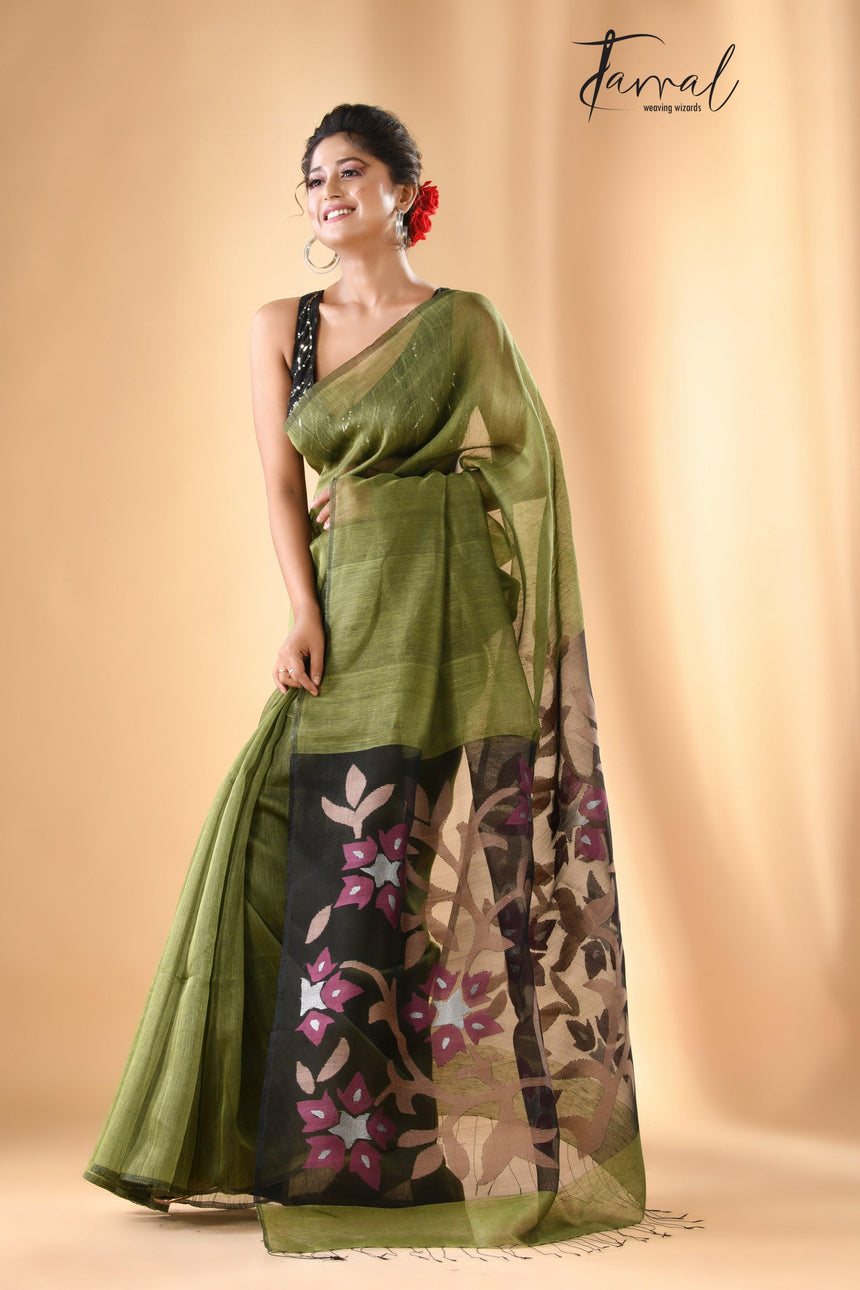 Mehendi green with handwoven floral jamdani pallu silk linen saree - Tamal Boutique