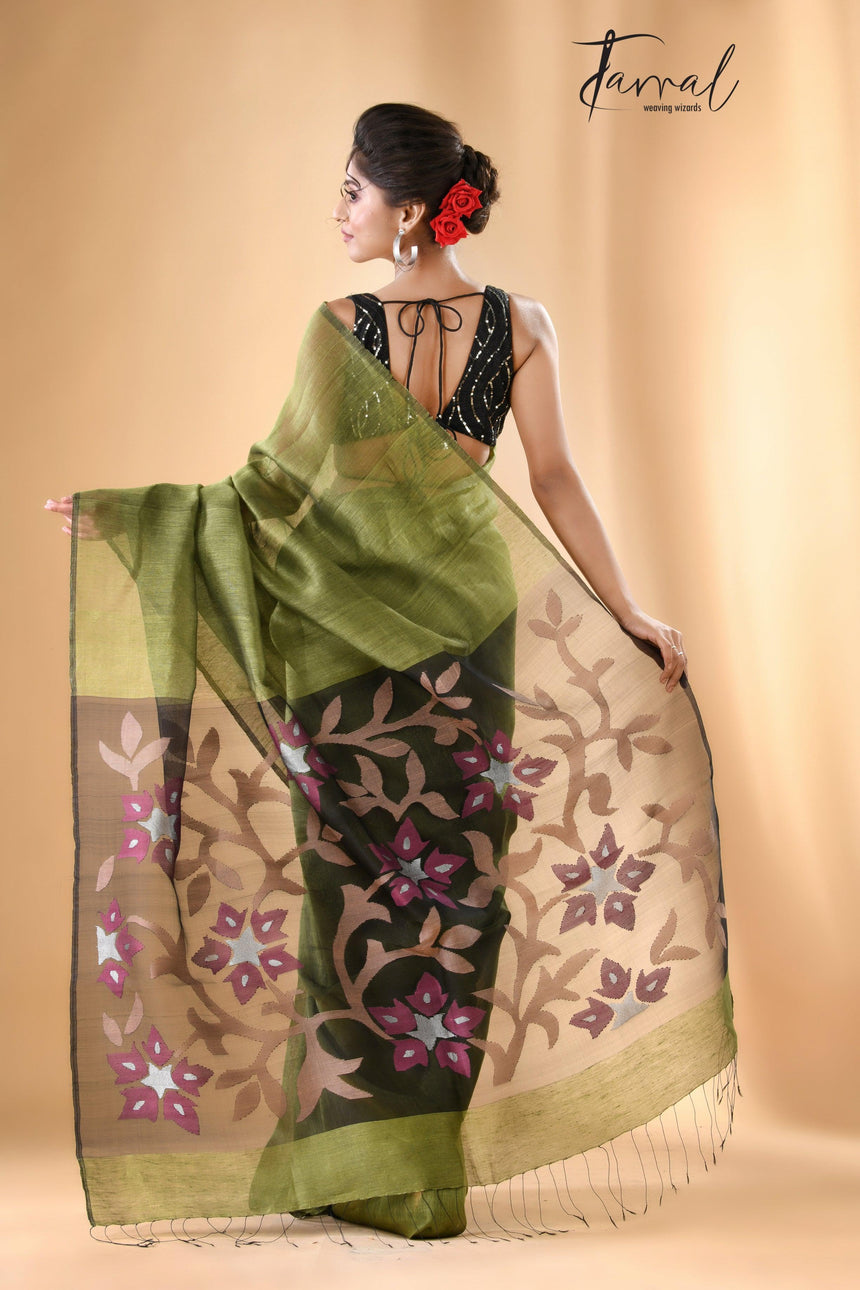 Mehendi green with handwoven floral jamdani pallu silk linen saree - Tamal Boutique