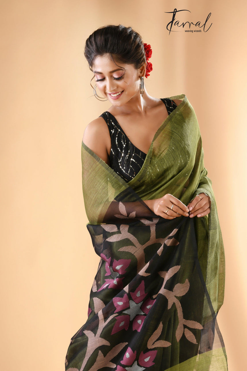Mehendi green with handwoven floral jamdani pallu silk linen saree - Tamal Boutique