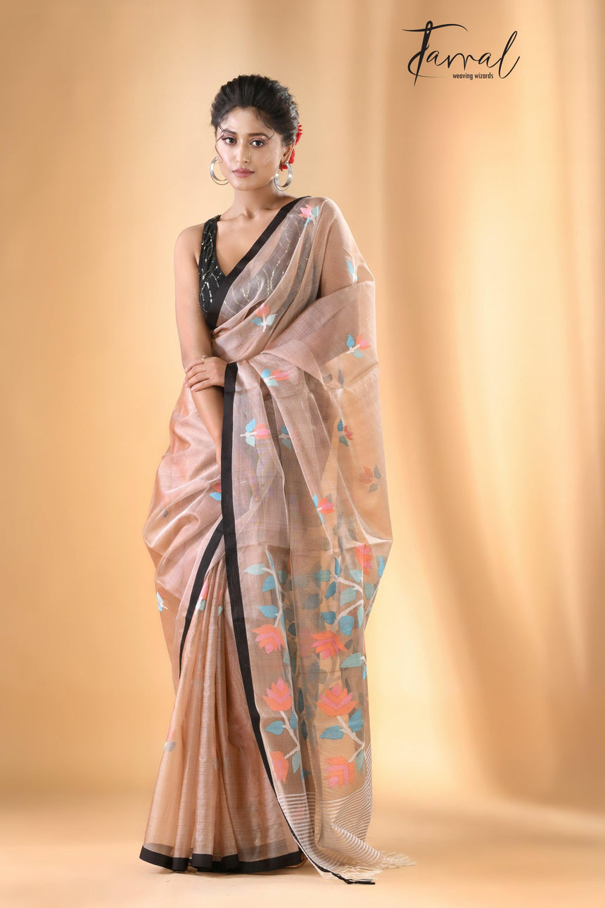 Beige colour With Black Border Muslin Silk Handwoven Jamdani Saree - Tamal Boutique