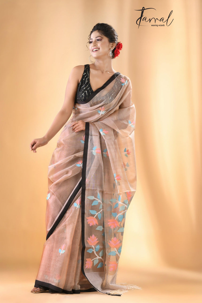 Beige colour With Black Border Muslin Silk Handwoven Jamdani Saree - Tamal Boutique