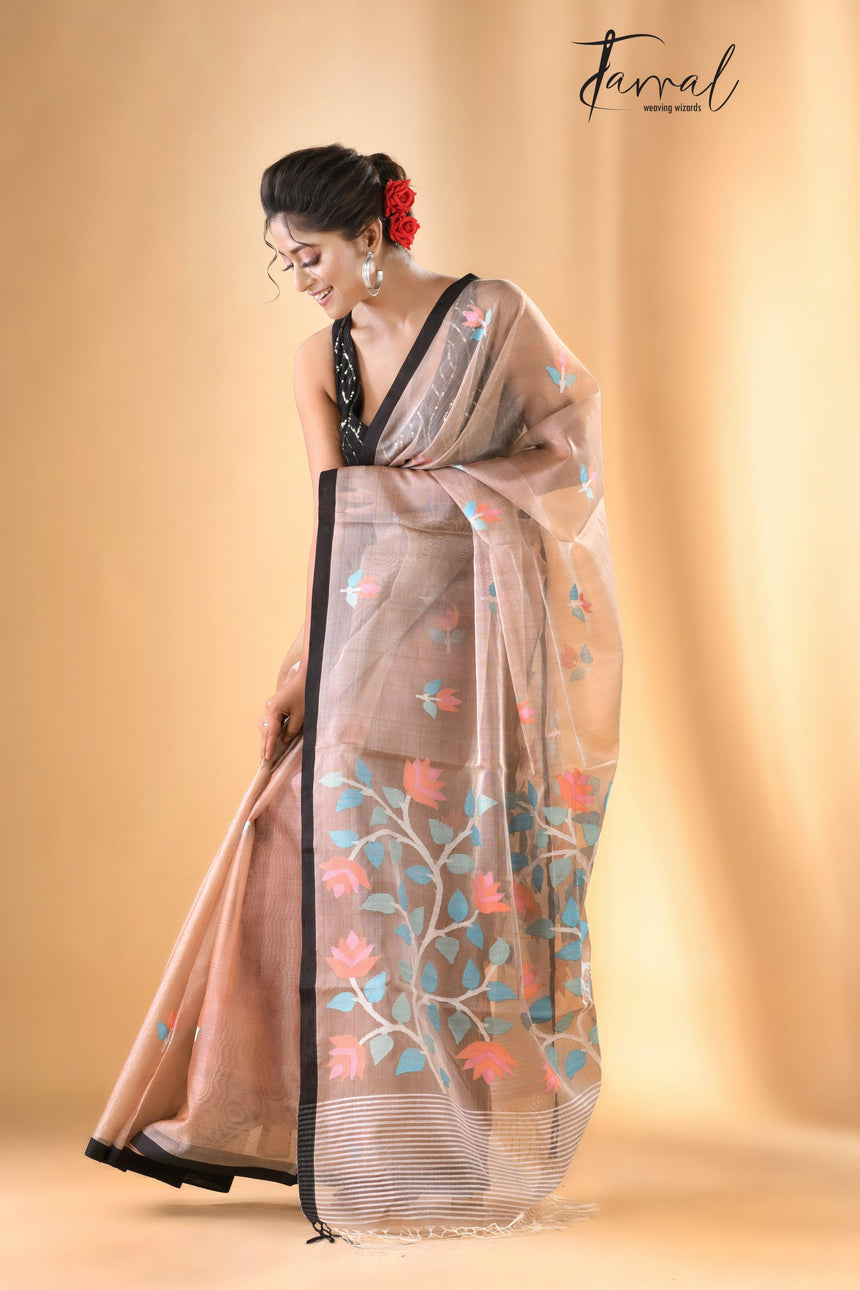 Beige colour With Black Border Muslin Silk Handwoven Jamdani Saree - Tamal Boutique