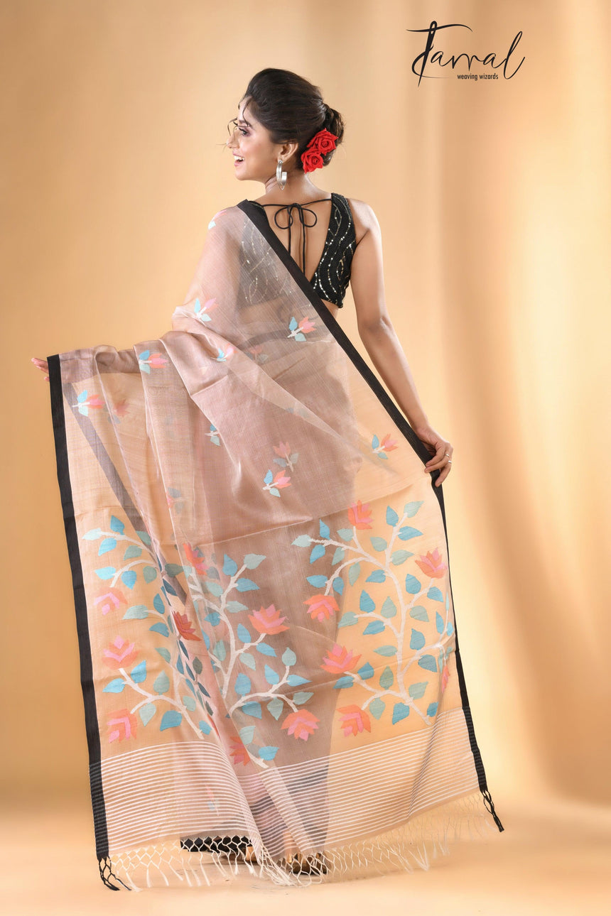 Beige colour With Black Border Muslin Silk Handwoven Jamdani Saree - Tamal Boutique