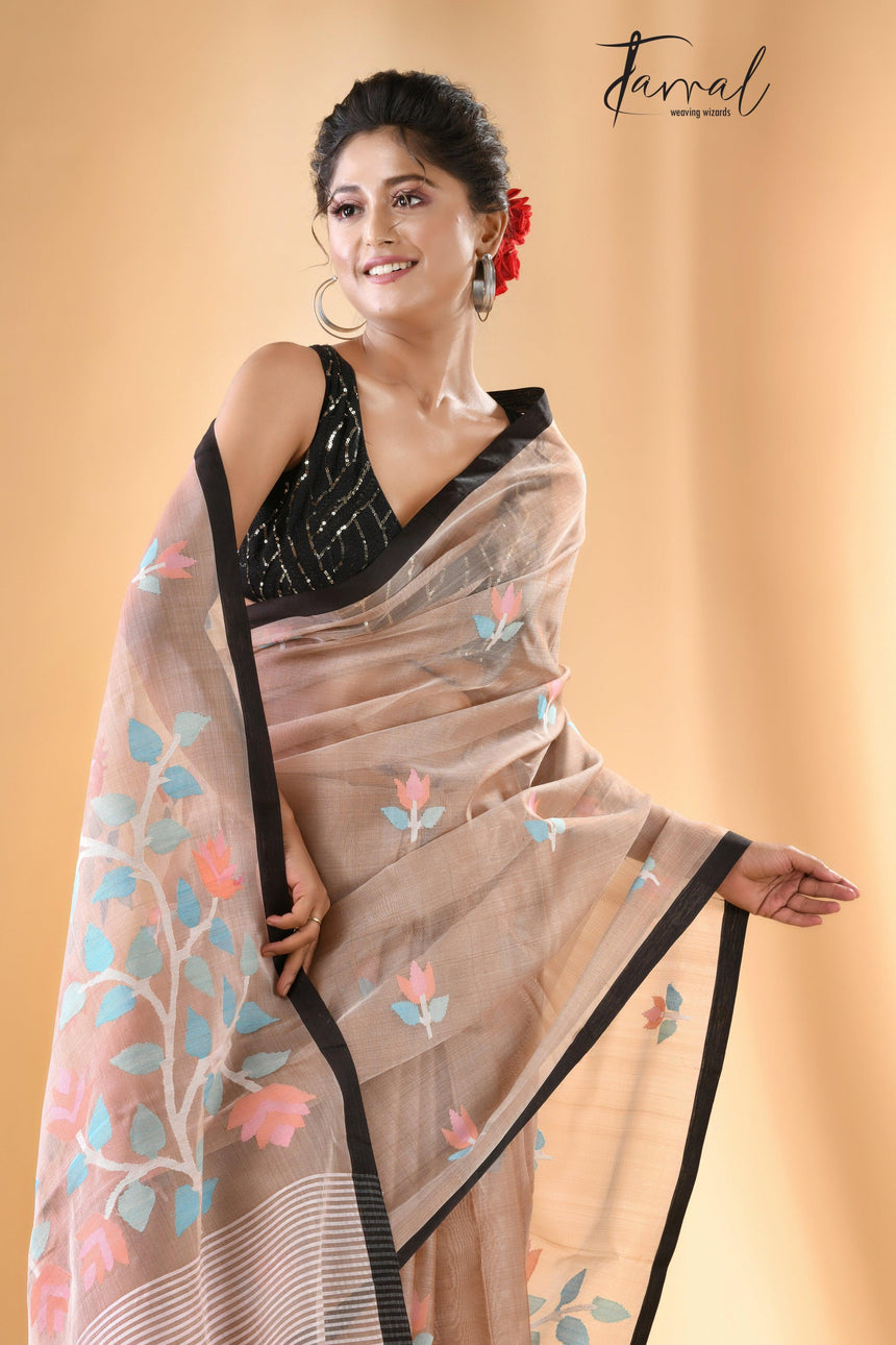 Beige colour With Black Border Muslin Silk Handwoven Jamdani Saree - Tamal Boutique