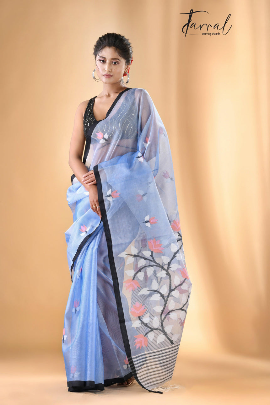 Light Sky Blue With Black Border Muslin Silk Handwoven Jamdani Saree - Tamal Boutique