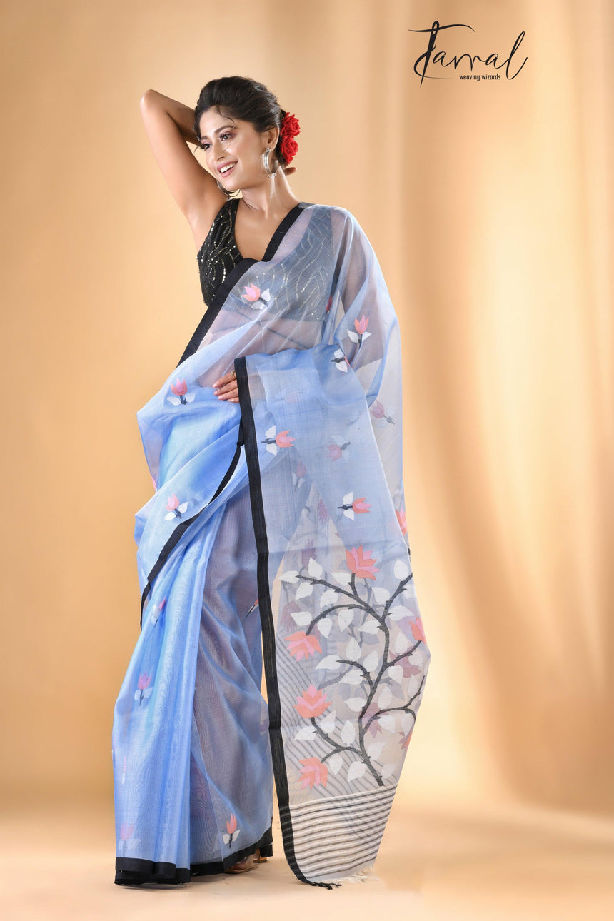 Light Sky Blue With Black Border Muslin Silk Handwoven Jamdani Saree - Tamal Boutique