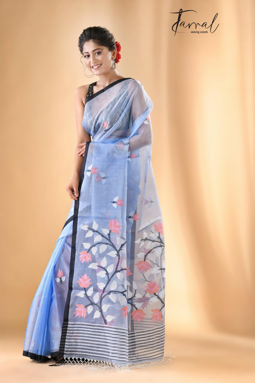 Light Sky Blue With Black Border Muslin Silk Handwoven Jamdani Saree - Tamal Boutique