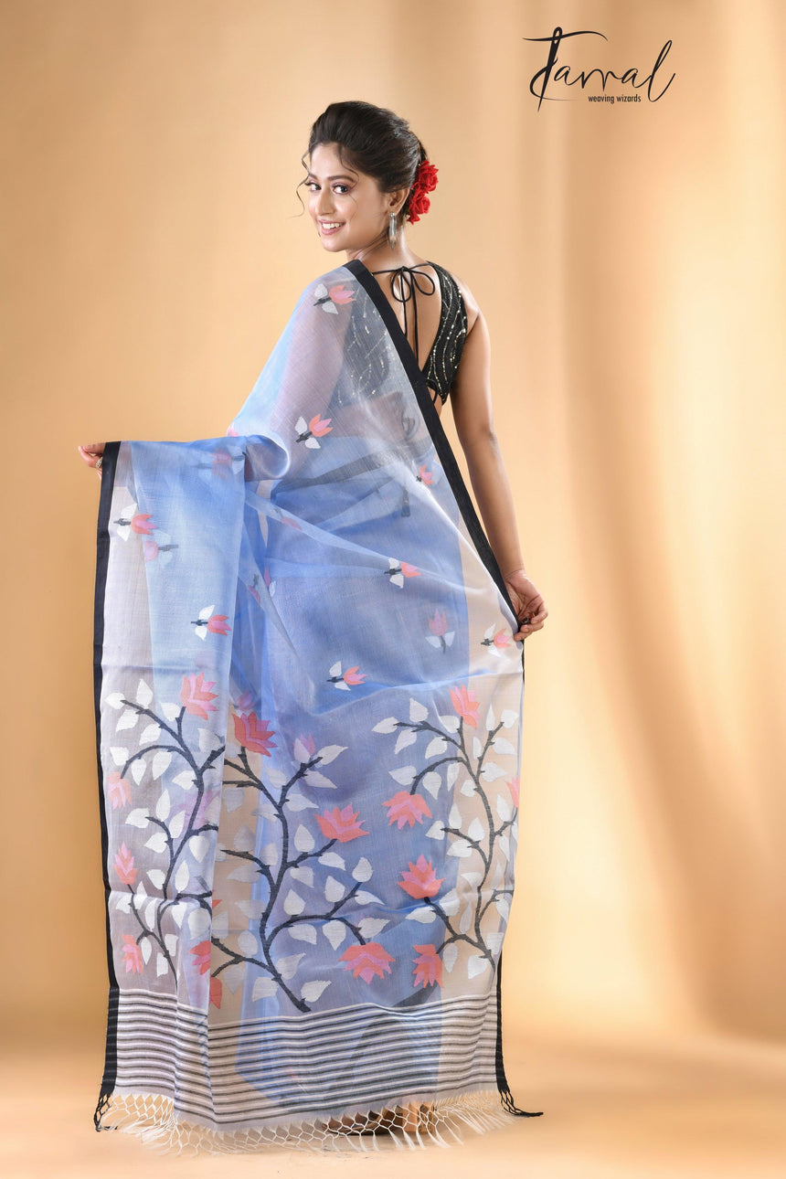 Light Sky Blue With Black Border Muslin Silk Handwoven Jamdani Saree - Tamal Boutique