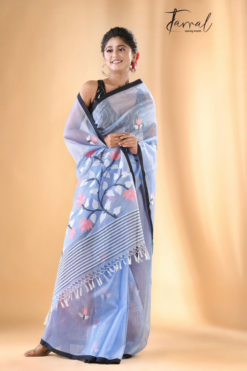 Light Sky Blue With Black Border Muslin Silk Handwoven Jamdani Saree - Tamal Boutique