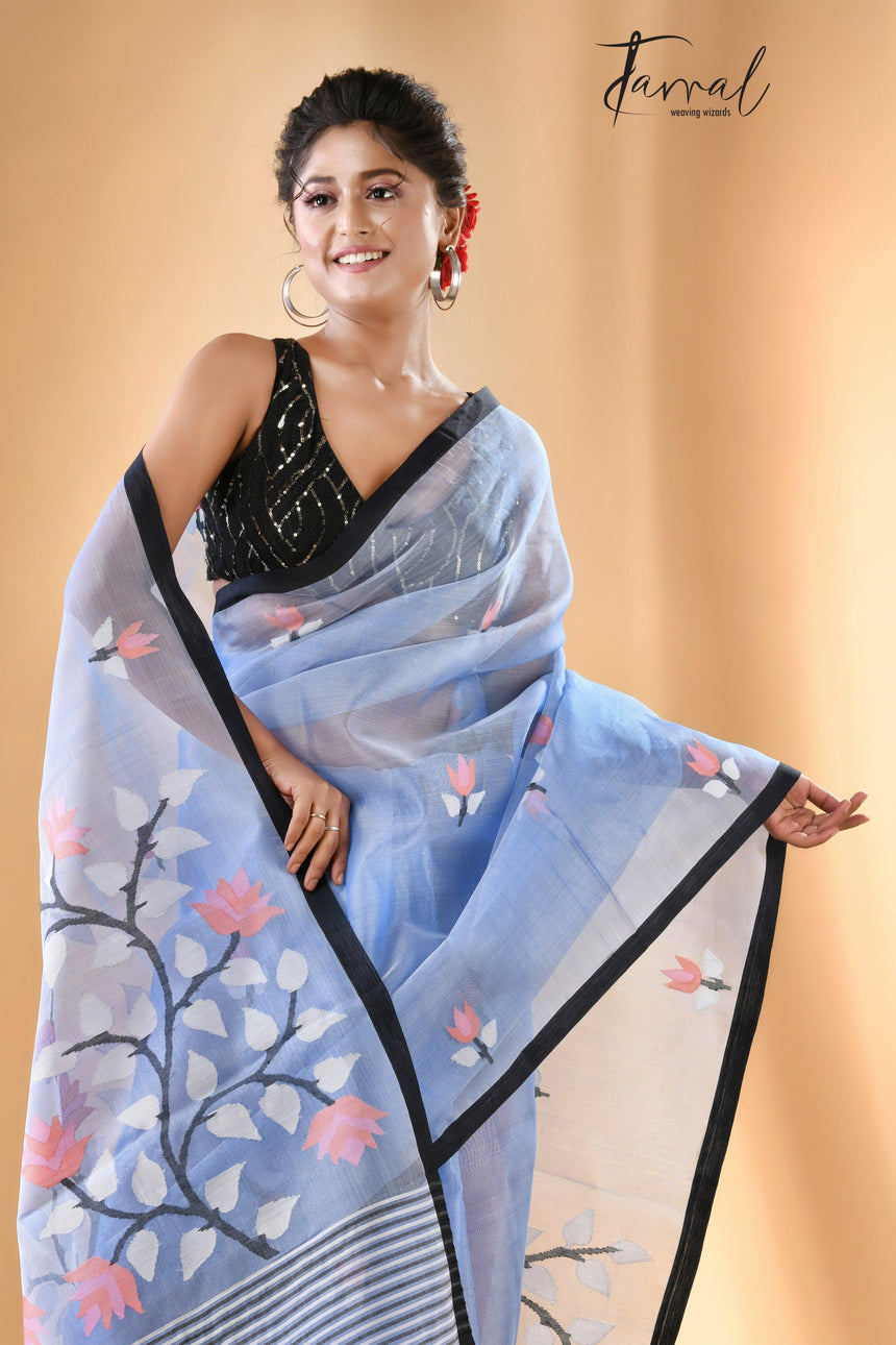 Light Sky Blue With Black Border Muslin Silk Handwoven Jamdani Saree - Tamal Boutique