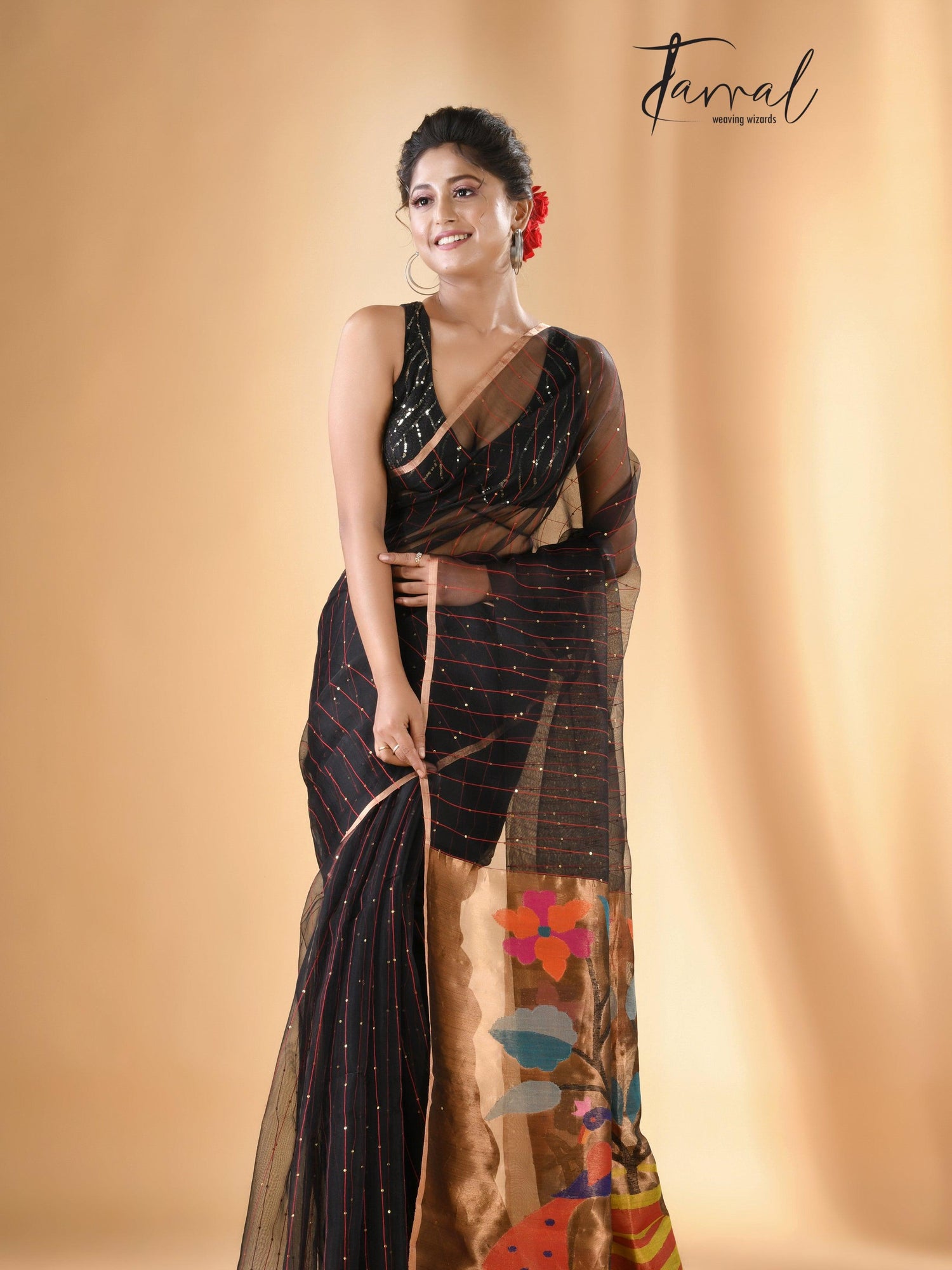Black with zari border sequins paithani pallu handwoven jamdani saree - Tamal Boutique