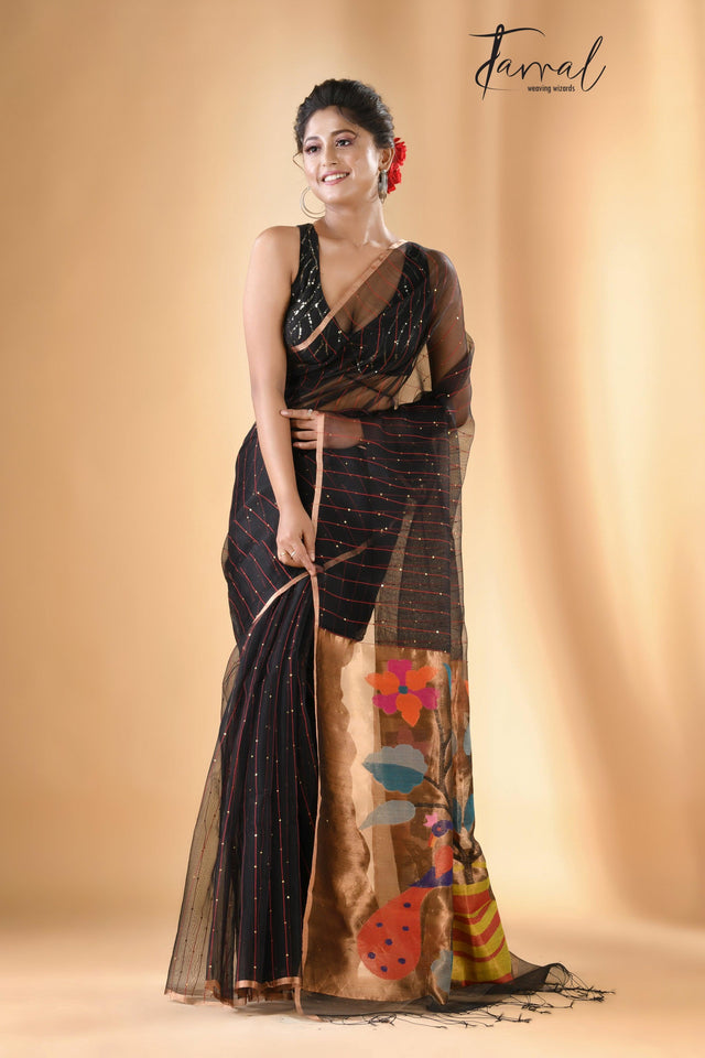 Black with zari border sequins paithani pallu handwoven jamdani saree - Tamal Boutique