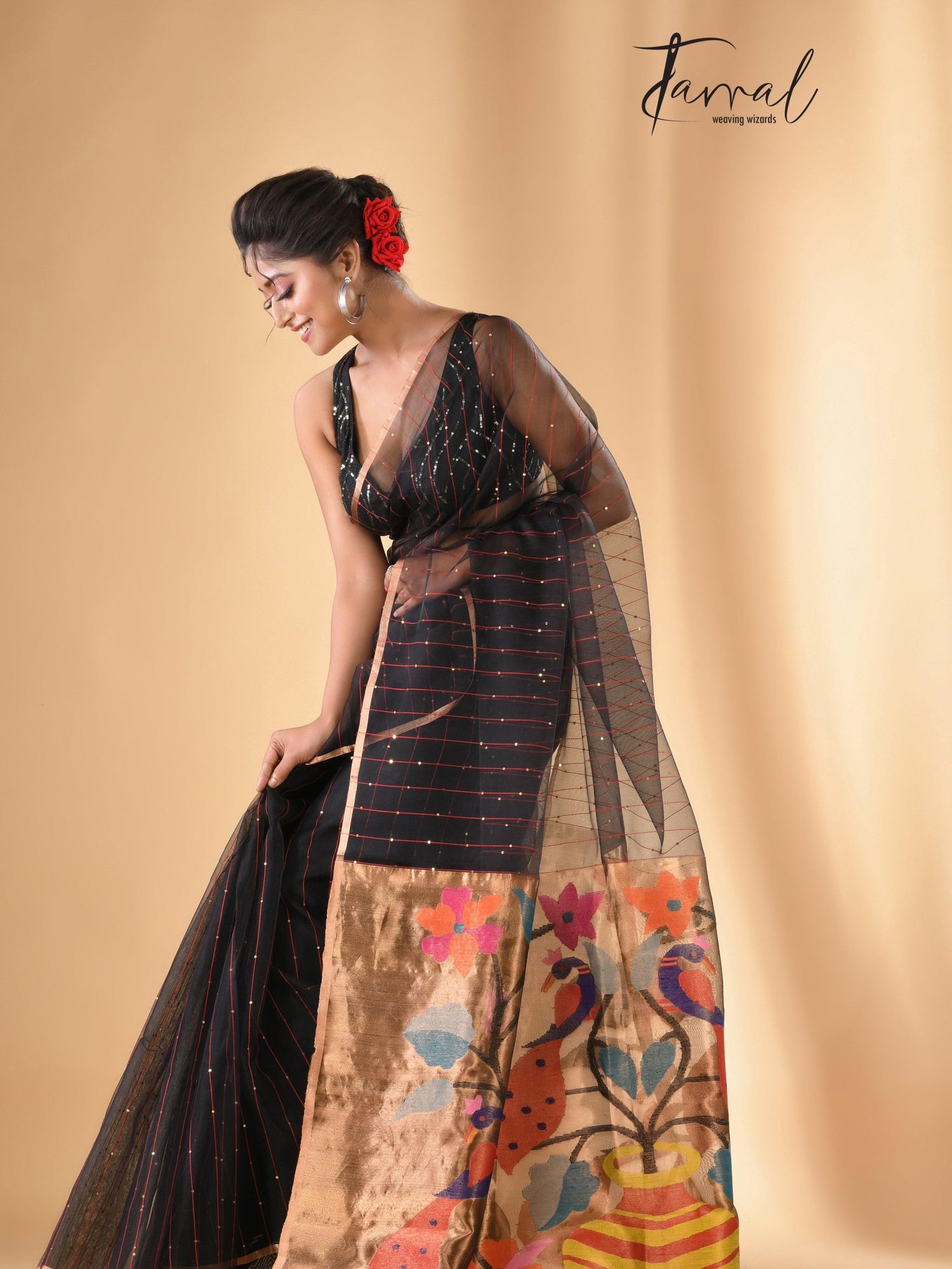 Black with zari border sequins paithani pallu handwoven jamdani saree - Tamal Boutique