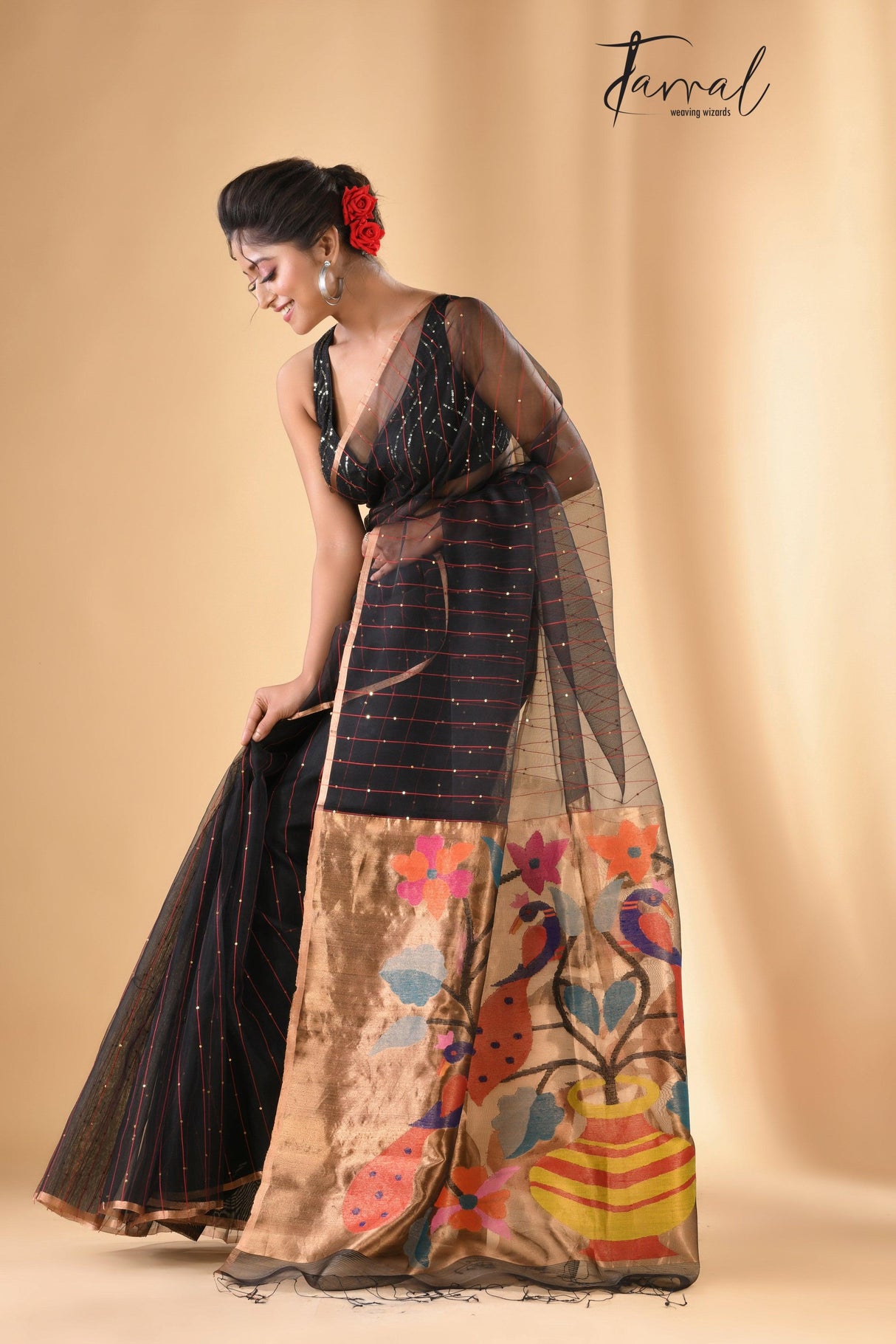 Black with zari border sequins paithani pallu handwoven jamdani saree - Tamal Boutique