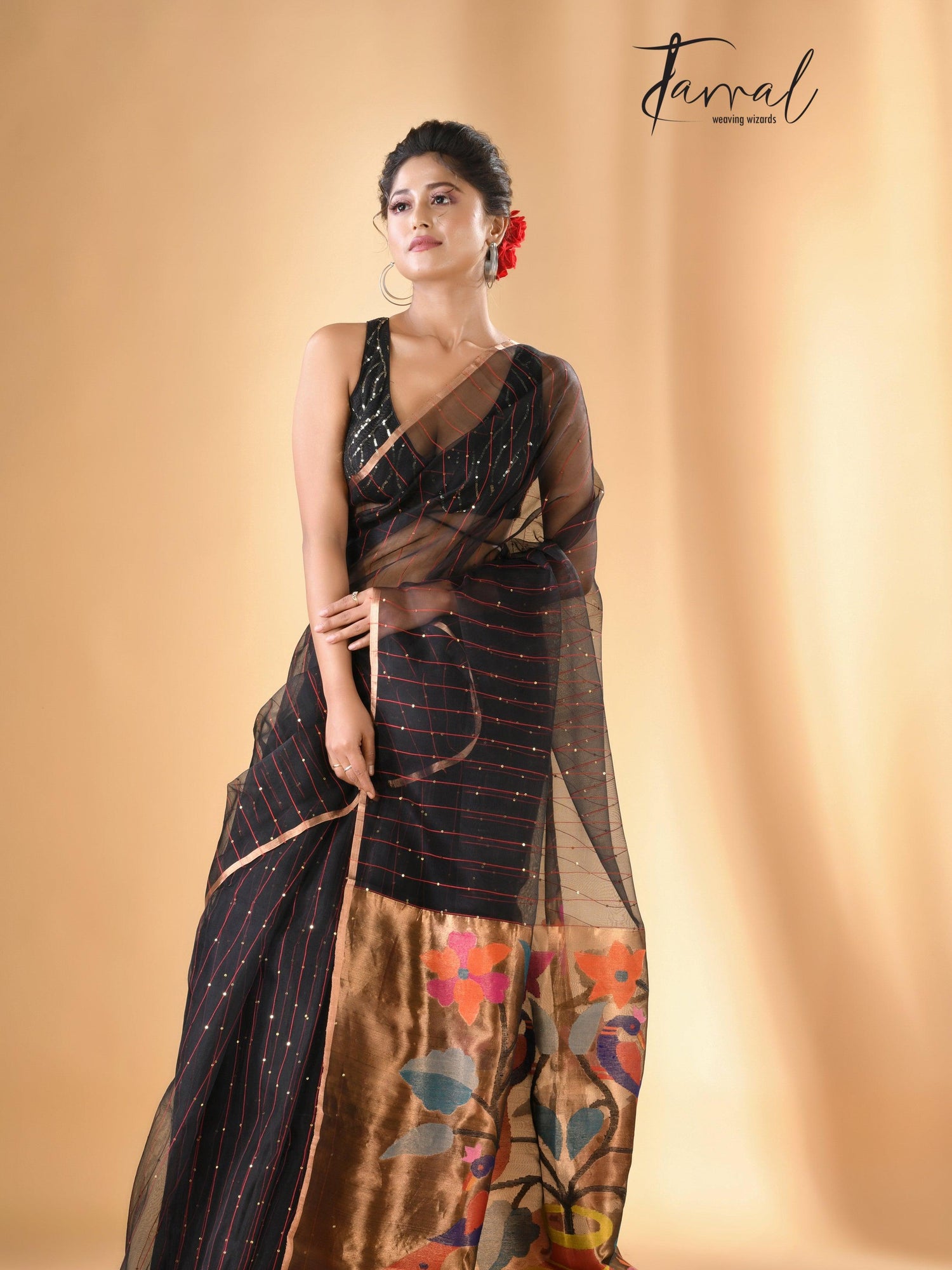 Black with zari border sequins paithani pallu handwoven jamdani saree - Tamal Boutique