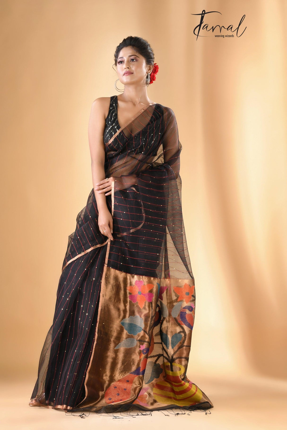 Black with zari border sequins paithani pallu handwoven jamdani saree - Tamal Boutique