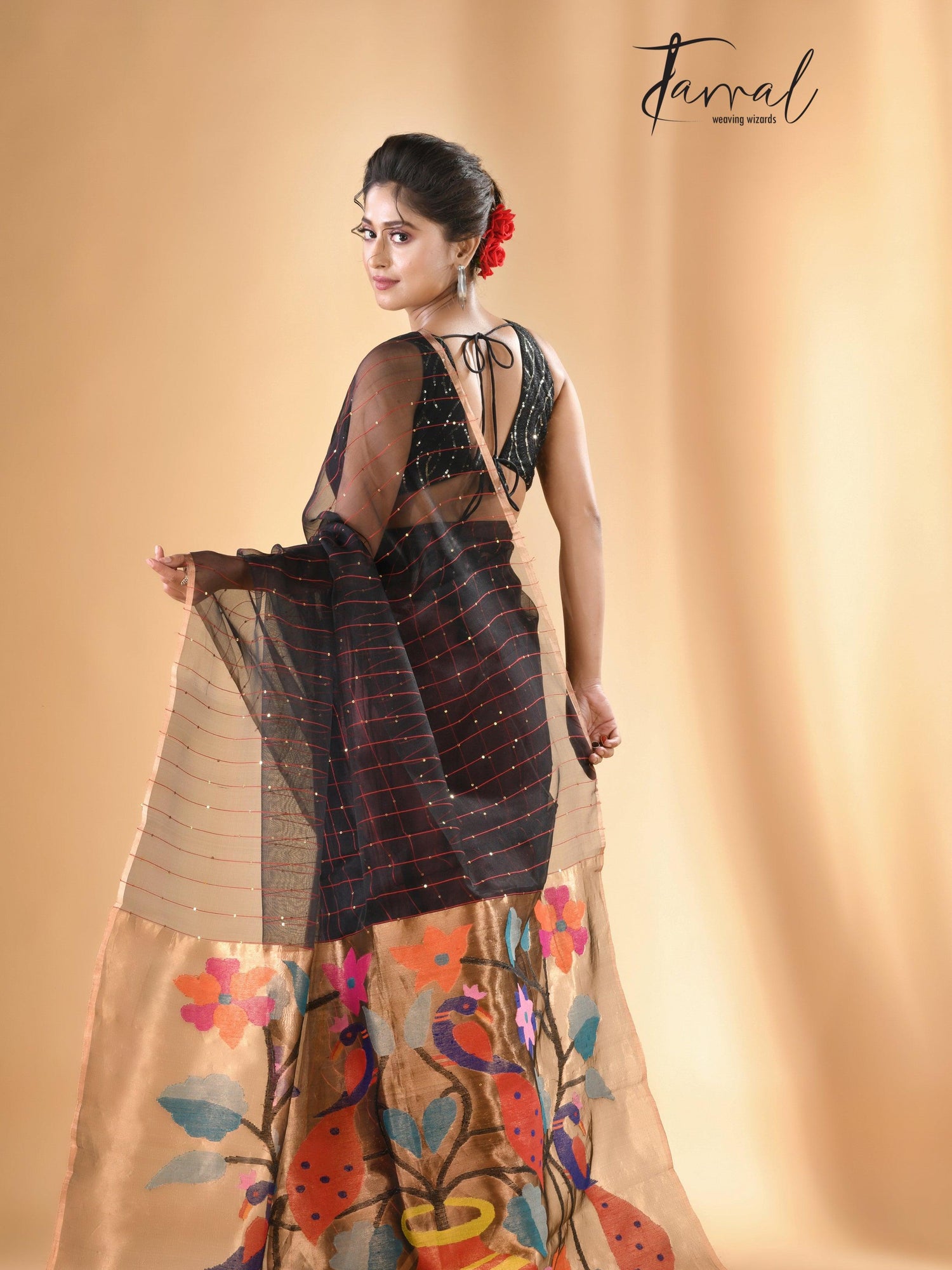 Black with zari border sequins paithani pallu handwoven jamdani saree - Tamal Boutique