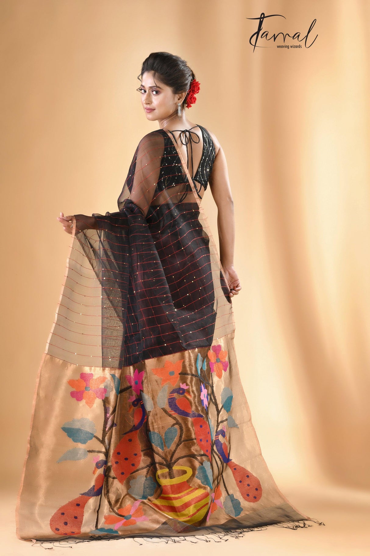 Black with zari border sequins paithani pallu handwoven jamdani saree - Tamal Boutique
