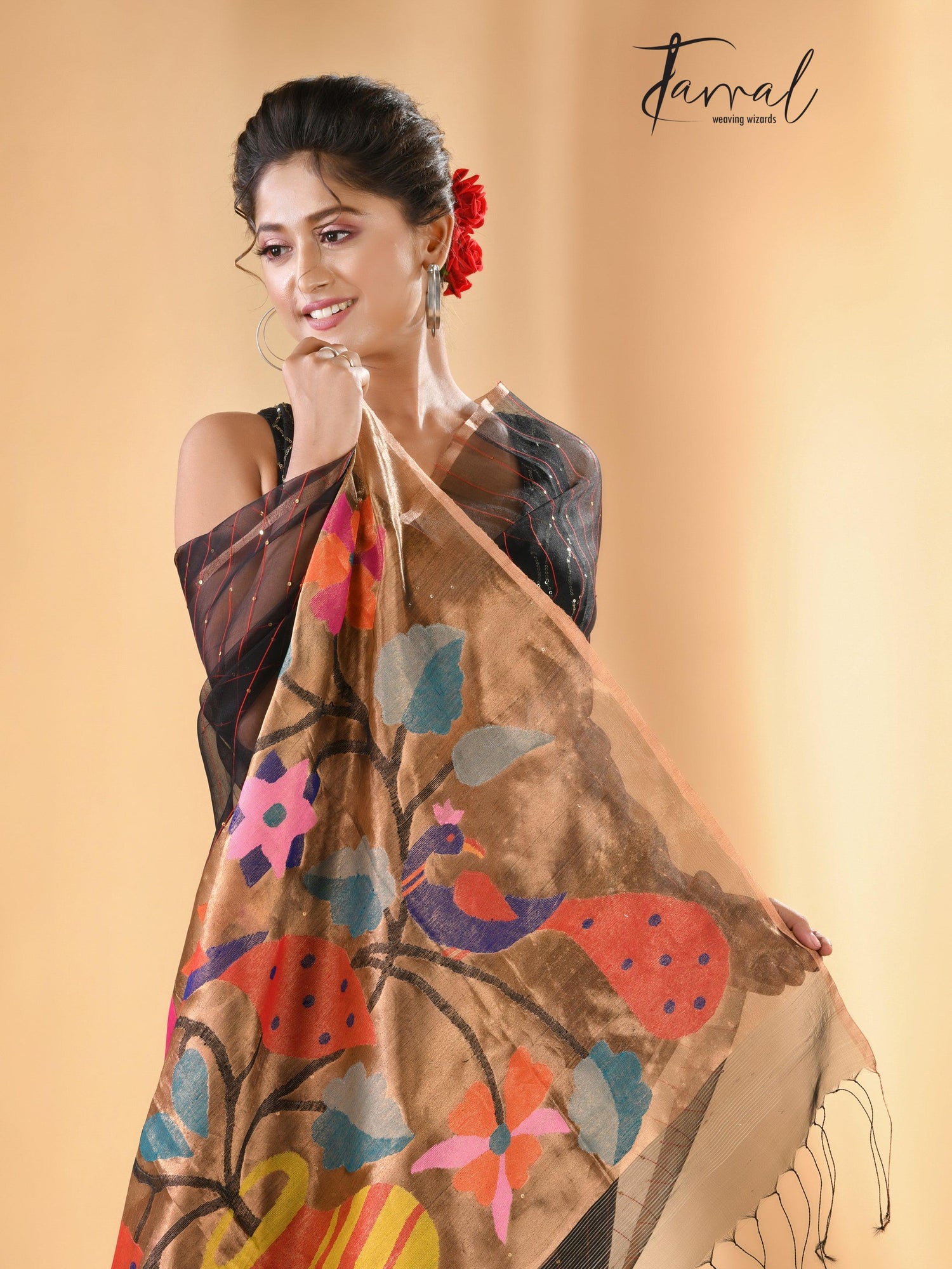 Black with zari border sequins paithani pallu handwoven jamdani saree - Tamal Boutique