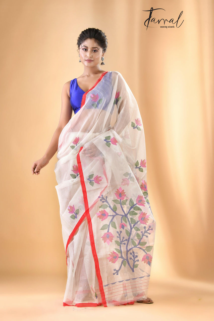 Off white with red border muslin floral buta handwoven jamadani saree - Tamal Boutique