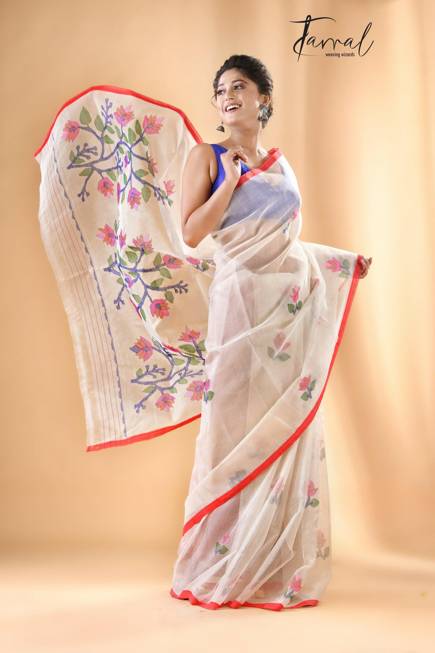 Off white with red border muslin floral buta handwoven jamadani saree - Tamal Boutique
