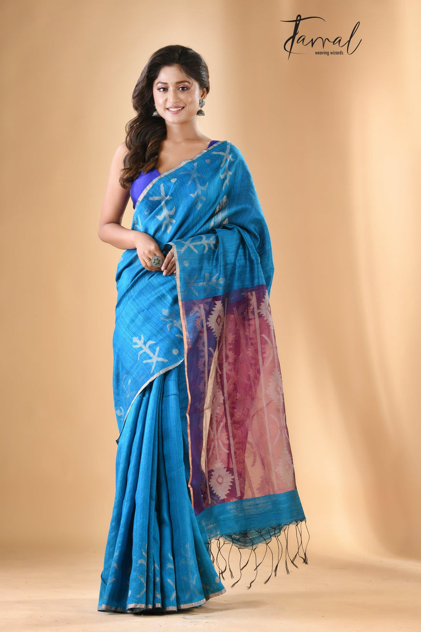 Deep Firoza with Rani pallu traditional matka silk handwoven jamdani saree - Tamal Boutique