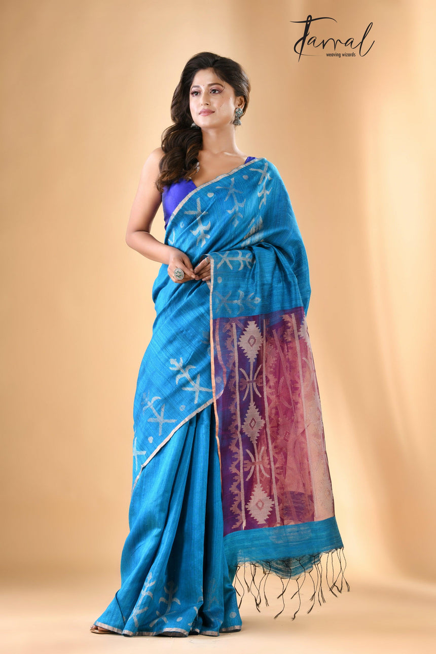 Deep Firoza with Rani pallu traditional matka silk handwoven jamdani saree - Tamal Boutique
