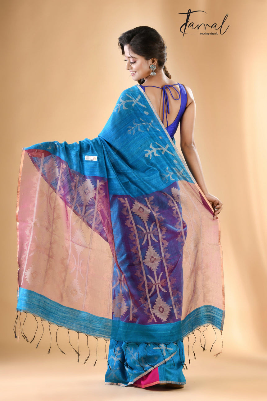 Deep Firoza with Rani pallu traditional matka silk handwoven jamdani saree - Tamal Boutique