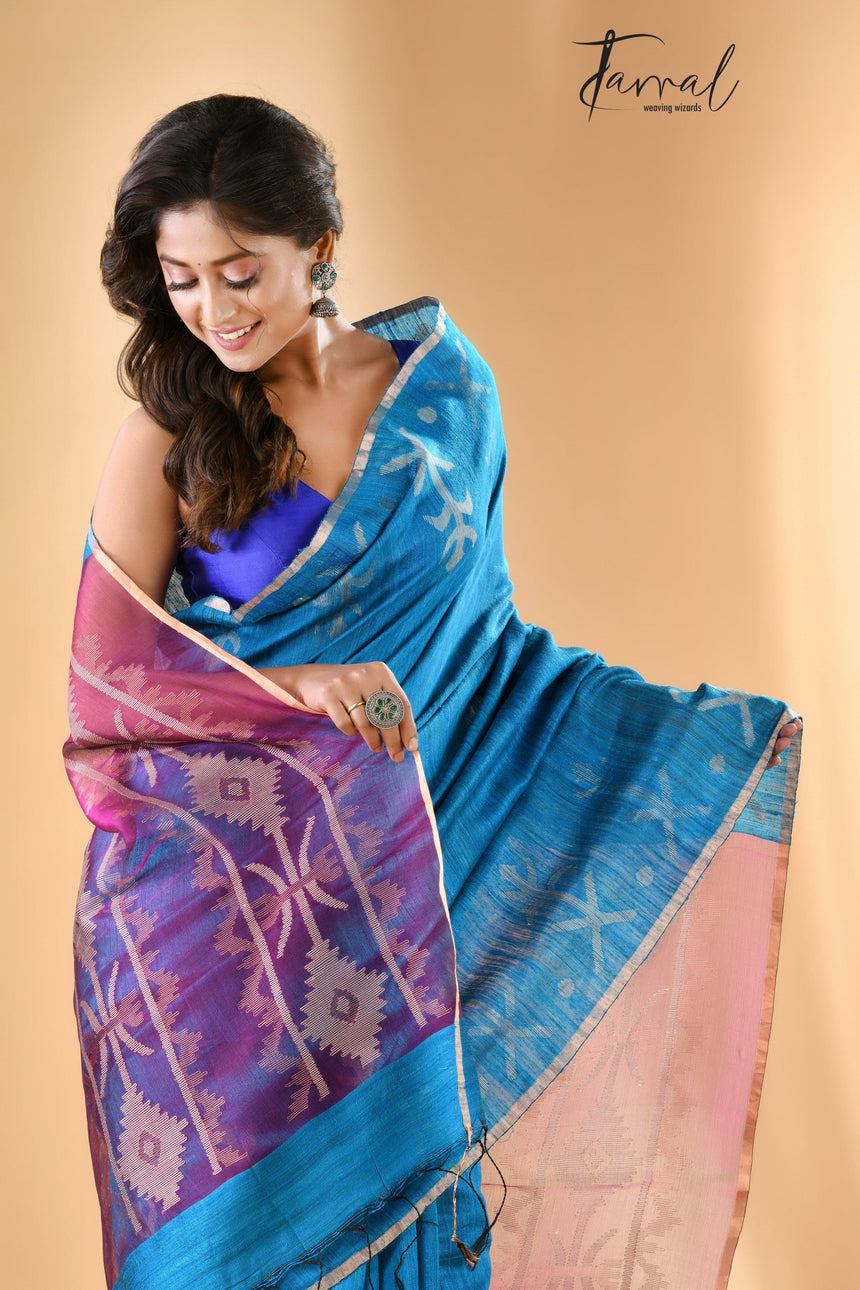 Deep Firoza with Rani pallu traditional matka silk handwoven jamdani saree - Tamal Boutique