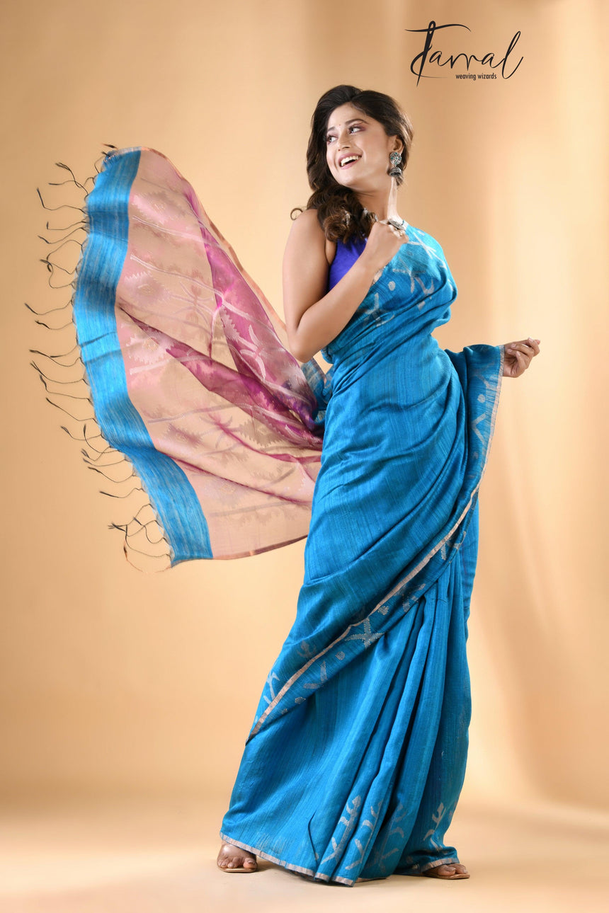 Deep Firoza with Rani pallu traditional matka silk handwoven jamdani saree - Tamal Boutique