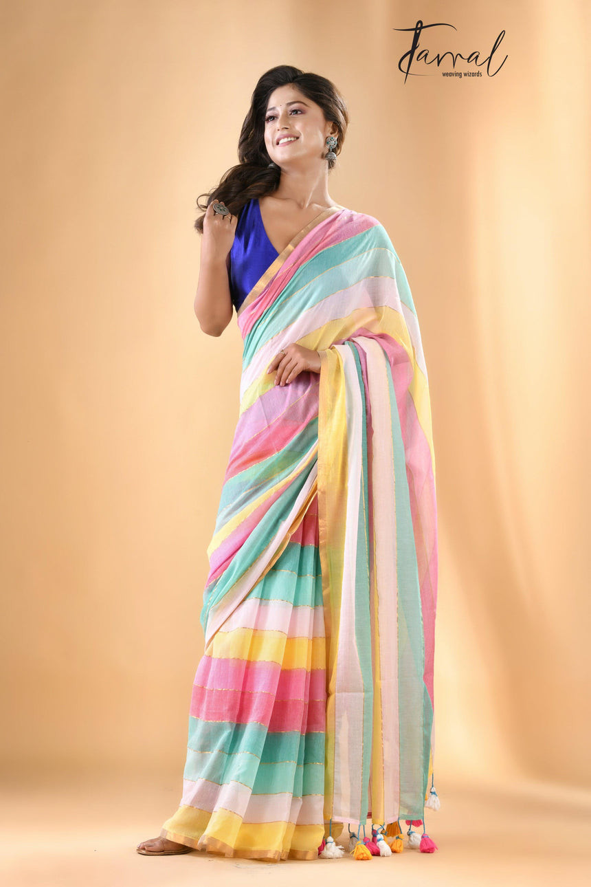 Multicolor With Zari border Mul cotton Saree - Tamal Boutique