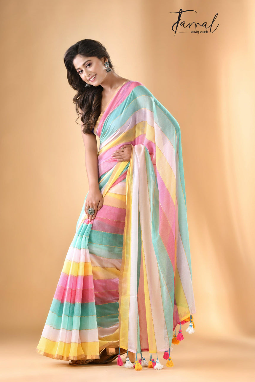 Multicolor With Zari border Mul cotton Saree - Tamal Boutique