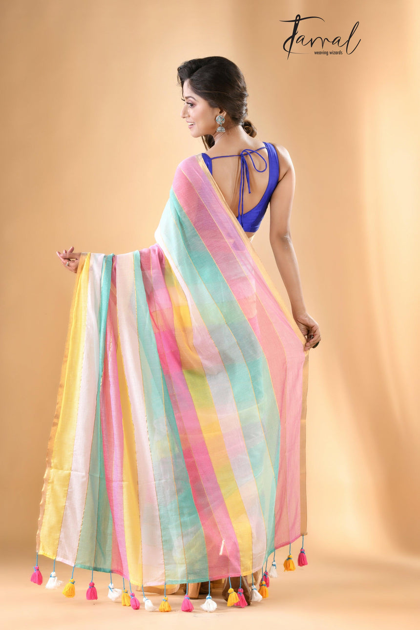 Multicolor With Zari border Mul cotton Saree - Tamal Boutique