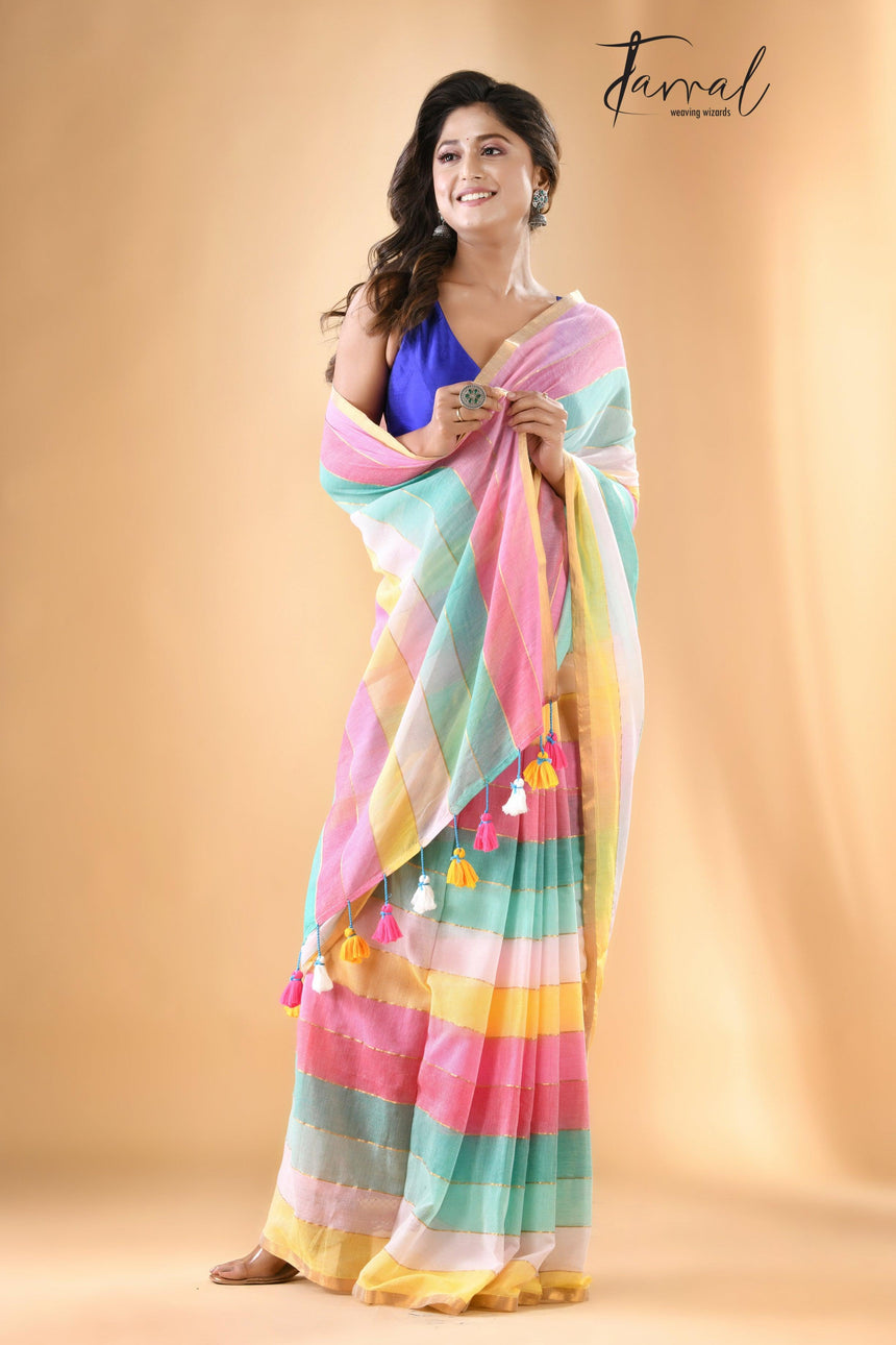 Multicolor With Zari border Mul cotton Saree - Tamal Boutique