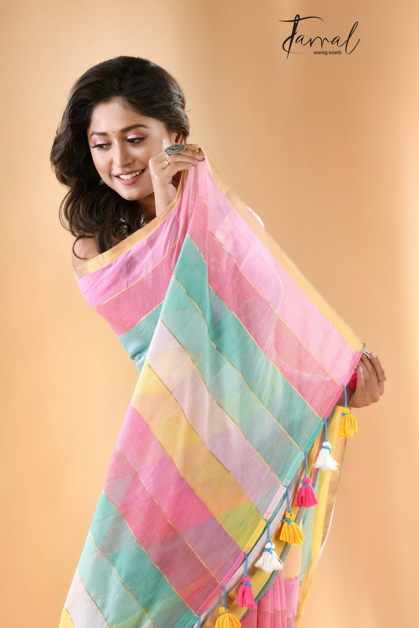 Multicolor With Zari border Mul cotton Saree - Tamal Boutique